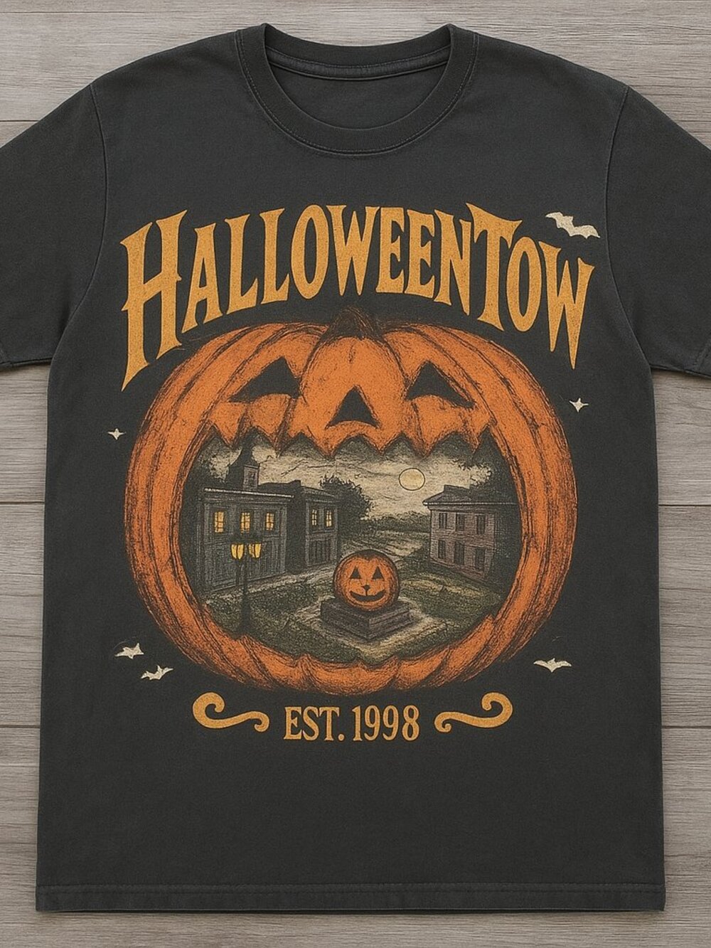 Spooky Pumpkin Town Vintage Halloween Graphic Tee Black